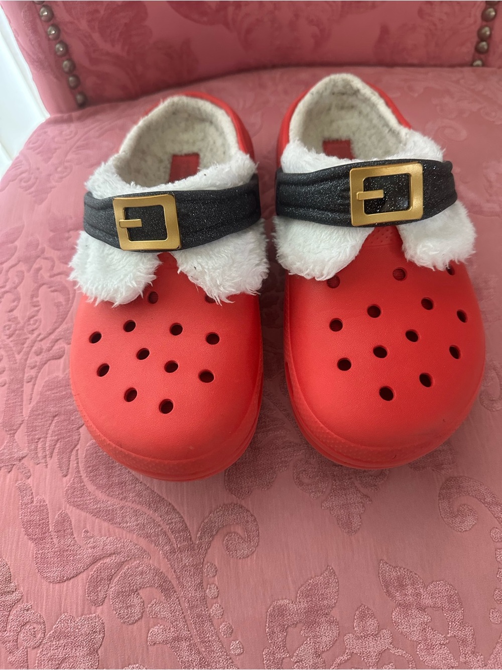 Santa Crocs size Junior 3 Kids Red Festive Faux-Fur Clog Shoes with Buckle Strap